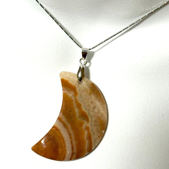 Genuine Orange Banded Agate Pendant,Large Natural Gemstone Crescent Moon Pendant - Picture 7 of 12